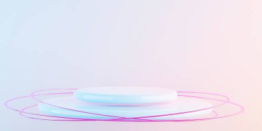 Pembe ve mavi eğimli arka planda pembe cam halkaları olan parlak beyaz bir podyumda uçuyor. 3d oluşturma.