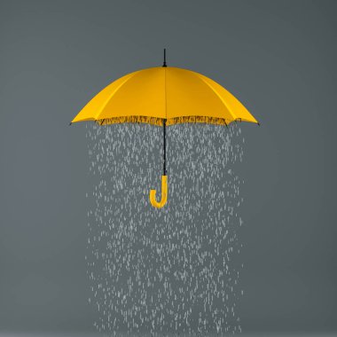 Yellow rainy umbrella on gray background. Autumn symbol. Fall colors. Creative 3D rendering.