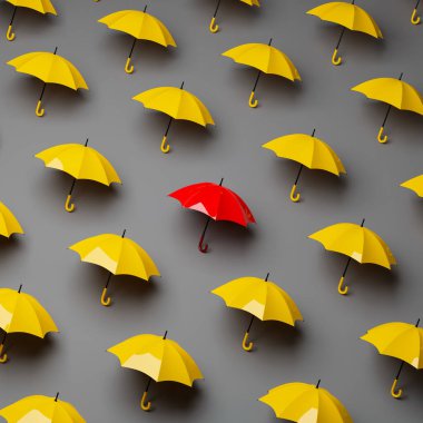 Special red umbrella in pattern of yellow umbrellas on gray background. Concept of leadership and uniqueness. 3D rendering.