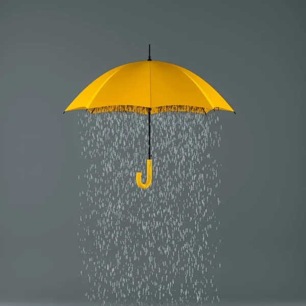 Yellow rainy umbrella on gray background. Autumn symbol. Fall colors. Creative 3D rendering.