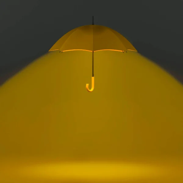 Yellow umbrella with warm backlight on gray background wit copy space. Creative fall 3D rendering.