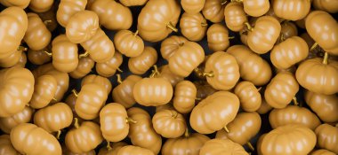 Many pumpkins background. Autumn and Halloween decorations. 3d rendering
