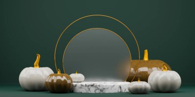 Marble podium with golden round frame and glass with decorative glossy pumpkins on dark green background. 3D rendering