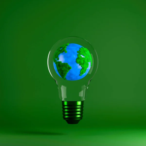 Green planet earth with grass texture inside light bulb on green background. Eco-friendly sustainable lifestyle. 3d rendering
