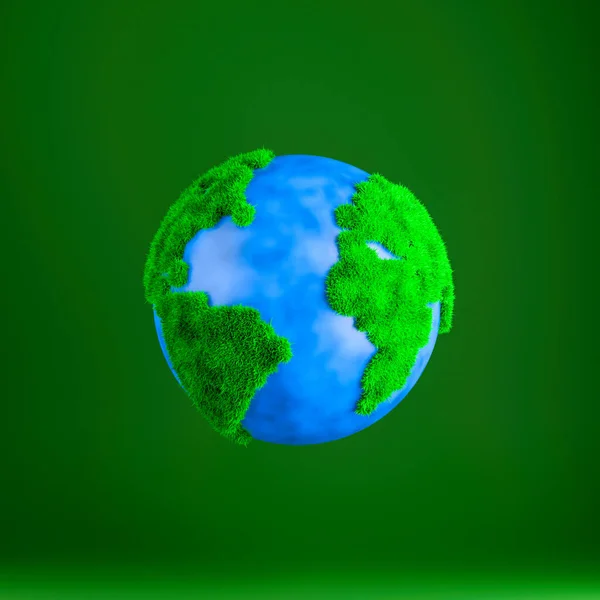 Green planet earth with grass texture on green background. Concept of eco-friendly and sustainable lifestyle. 3d rendering