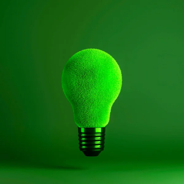 Green grass texture of light bulb on green background. Concept of energy saving, eco-friendly technologies and sustainable lifestyle. 3d rendering