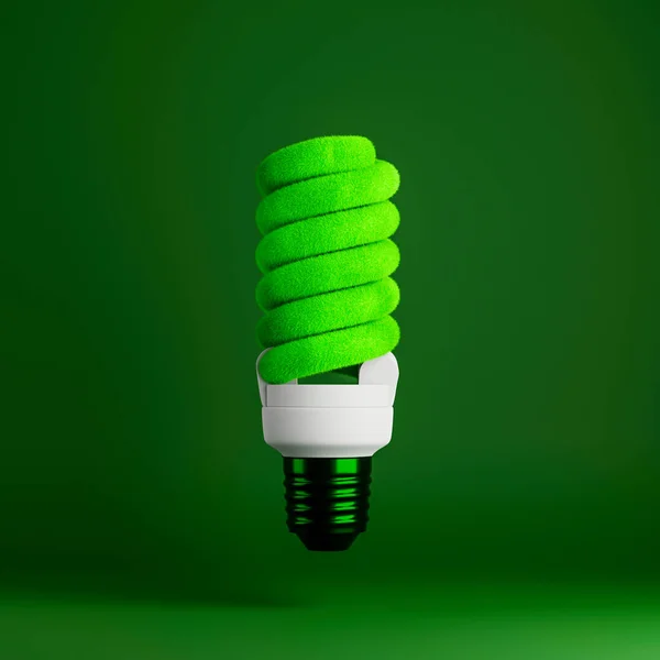 Green grass texture of led lamp on green background. Concept of energy saving, eco-friendly technologies and sustainable lifestyle. 3d rendering