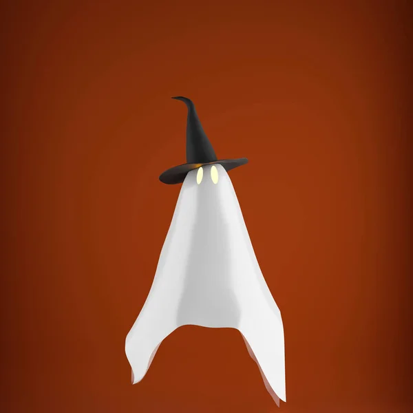 Летающий Белый Призрак Колпаке Ведьмы Летит Оранжевом Фоне Хэллоуин Рендеринг — стоковое фото
