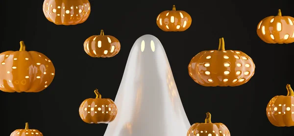 White ghost with flying orange pumpkins on black background. Halloween 3d rendering