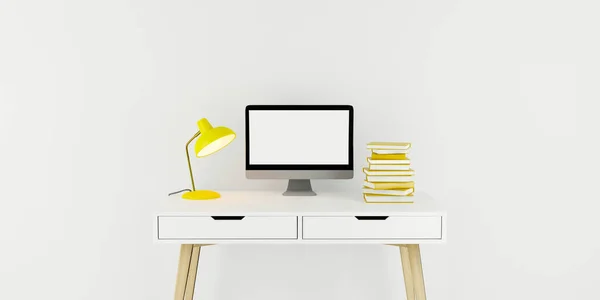Home office Computer desk with lamp and stack of books. Study and freelance work concept. 3d rendering