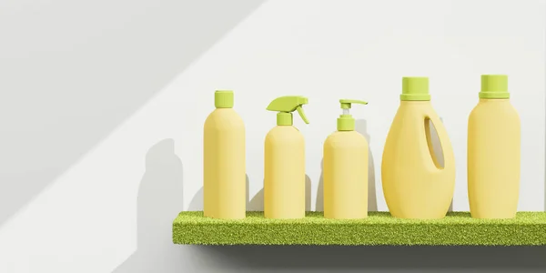 Prateleira Grama Com Detergentes Para Limpeza Lavagem Sustentáveis Ecologicamente Seguras — Fotografia de Stock