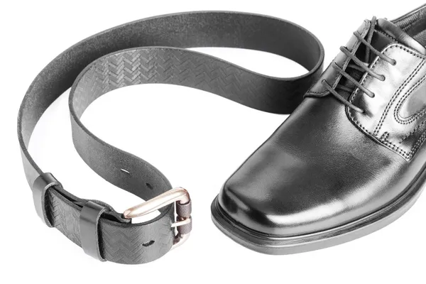 Male black shoe with belt on white — Stock Photo, Image