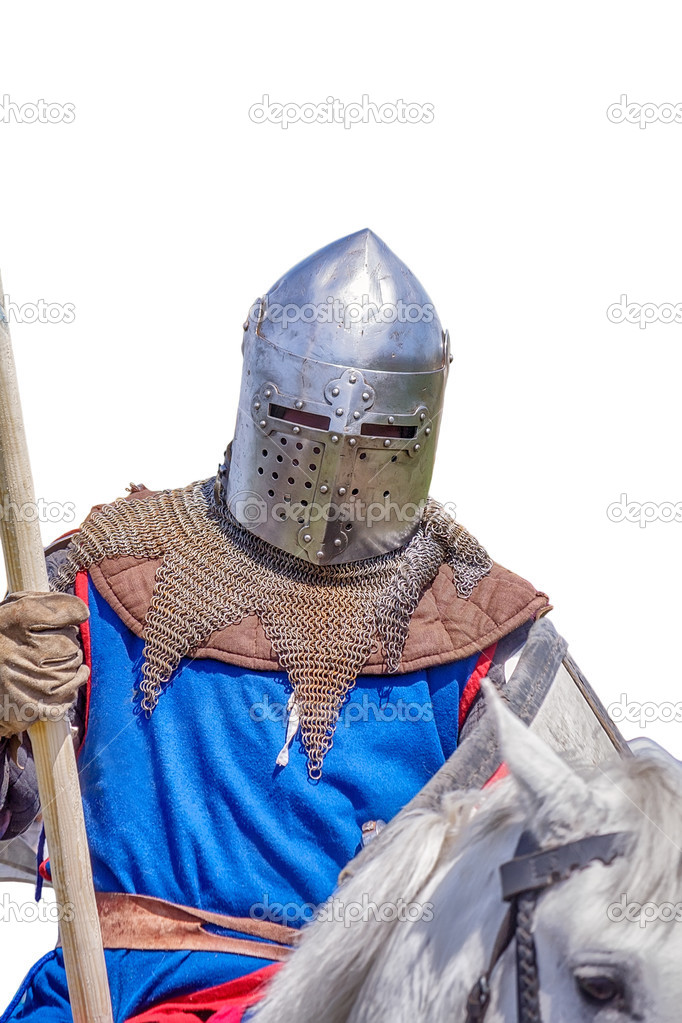 Armoured knight on white warhorse closeup