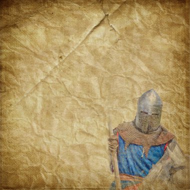Armored knight on white warhorse - retro postcard clipart