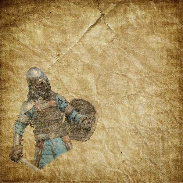 Armored knight with sword and shield - retro postcard