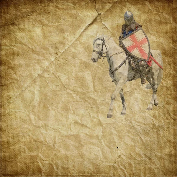 Armored knight on white warhorse - retro postcard — Stock Photo, Image