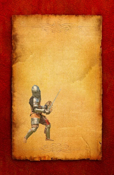 Gepantserde ridder met een zwaard en een schild - retro briefkaart — Stockfoto