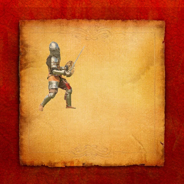 Caballero blindado con espada y escudo - postal retro —  Fotos de Stock