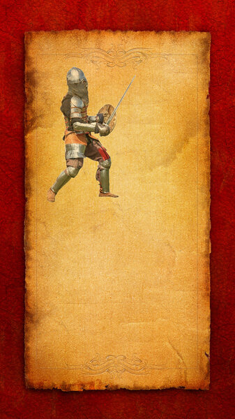 Бронированный рыцарь с мечом и щитом - ретро открытка

