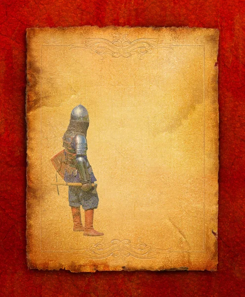 Zırhlı bir şövalye ile battle-axe-retro kartpostal — Stok fotoğraf