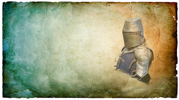 Armored knight in helmet with shield - retro postcard