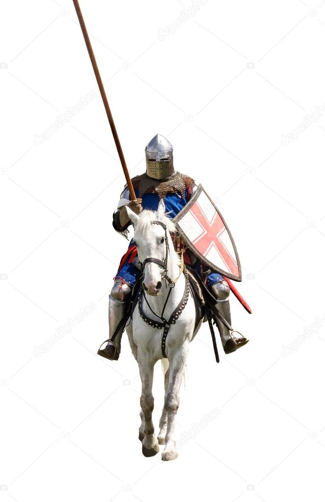 Armoured knight on white warhorse