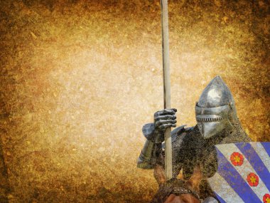 Armored knight on warhorse - retro postcard clipart