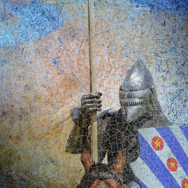 Cavaleiro blindado em cavalo de guerra - cartão postal retro — Fotografia de Stock