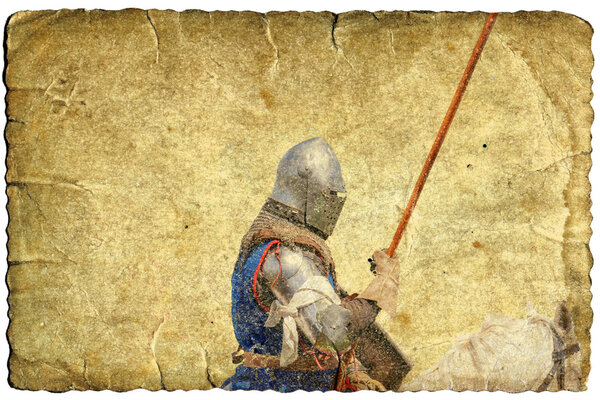 Armored knight on warhorse - retro postcard