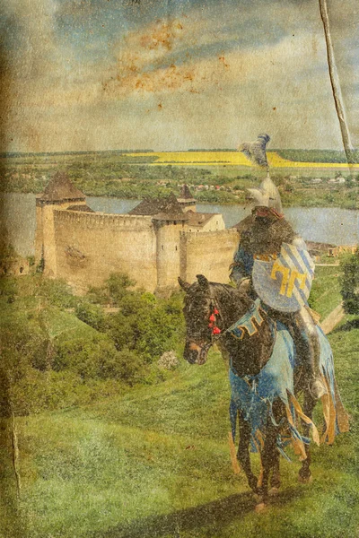 Armored knight on warhorse - retro postcard — Stock Photo, Image