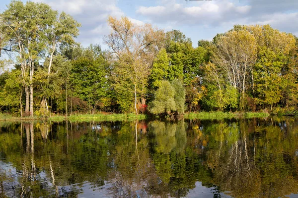 Wczesna Jesień Widok Drzew Nad Jeziorem Słoneczny Dzień — Zdjęcie stockowe