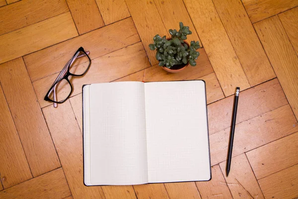 Prázdný Kostkovaný Notebook Tužka Brýle Rostlina Dřevěném Pozadí Koncepce Psaní — Stock fotografie