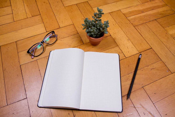 Blank Checkered Notebook Pencil Glasses Plant Wooden Background Writing Concept — Foto Stock