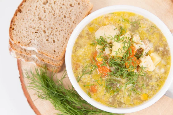 Vegetable Chicken Soup Decorated Dill Served Fresh Bread — Stock Photo, Image