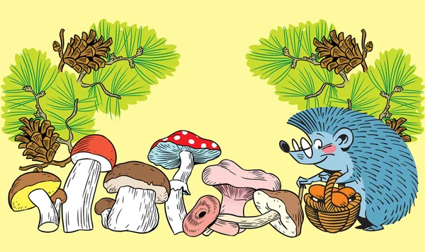 Ежик и грибы — стоковый вектор