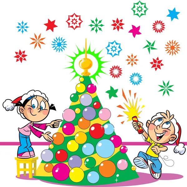 Children decorate the Christmas tree — Stock Vector