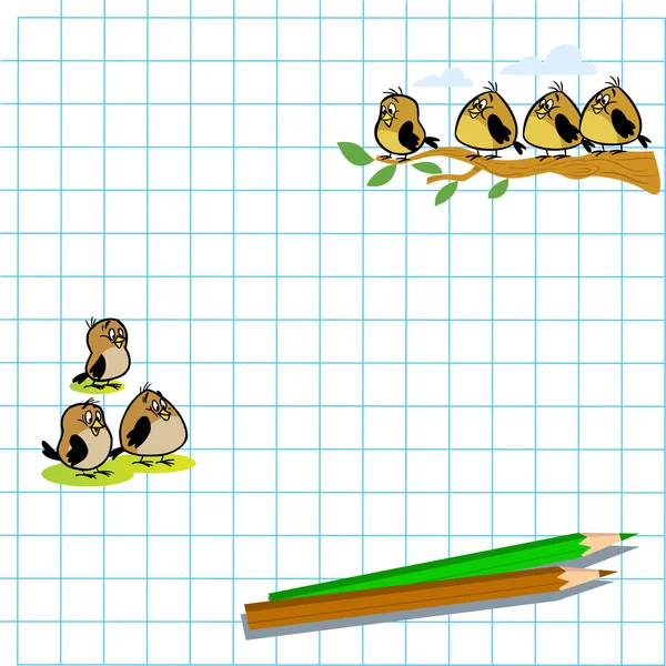 Aves desenhadas no caderno de exercícios — Vetor de Stock