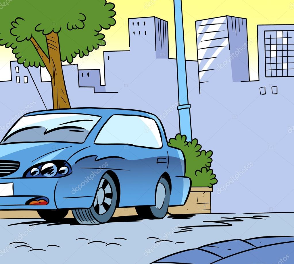 Dibujo manual de coches y carreteras en un bosque, ilustración