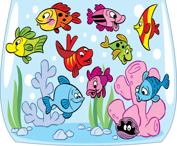 Peces de dibujos animados en el acuario — Vector de stock