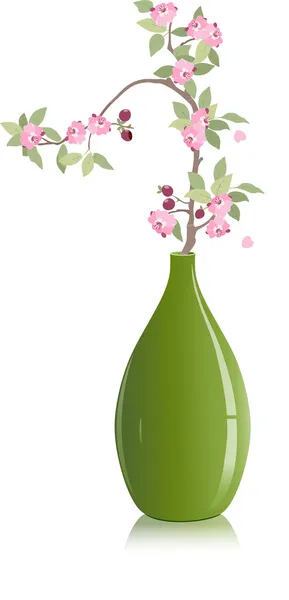 Cherry branch in a green vase — Stock Vector