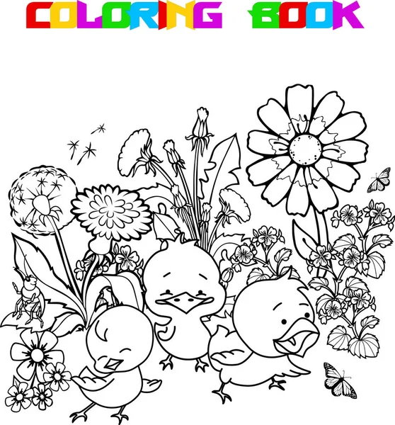 Coloring Book Cute Chickens Flowers — Stock Vector