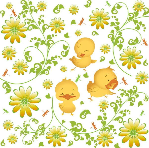 Spring Easter Background Pattern Cute Little Chickens Yellow Postcards Tags — Stock Vector