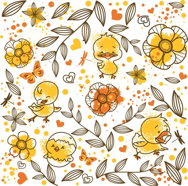 Spring Easter Background Pattern Cute Little Chickens Yellow Postcards Tags — Stock Vector