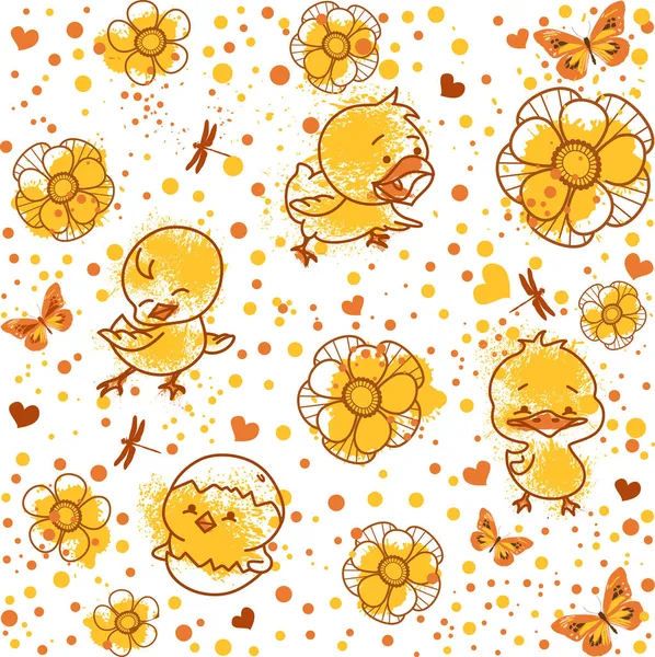 Spring Easter Background Pattern Cute Little Chickens Yellow Postcards Tags — Stock Vector