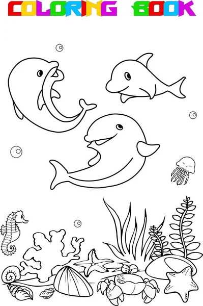 Vector Illustration Funny Cartoon Dolphins Underwater World Black White Outline — Stock Vector