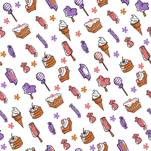 Seamless Pattern Candies Sweets Yummy Colorful Creamy Cupcake Candy Ice — 스톡 벡터