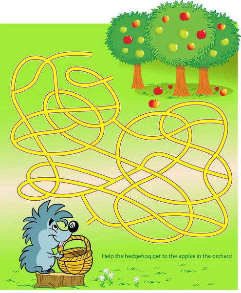 Puzzle Maze Cartoon Hedgehog Apple Orchard — Vector de stock
