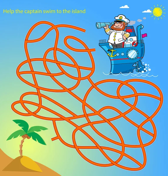 Puzzle Labirynt Gdzie Trzeba Pomóc Kapitanowi Płynąć Wyspę Ilustracja Kreskówki — Wektor stockowy