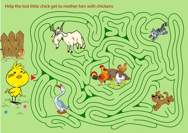 在迷宫中 你需要帮助小鸡绕过障碍 到达母鸡妈妈身边 — 图库矢量图片
