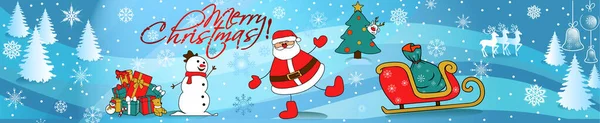 Merry Christmas Happy Winter Holidays Vector Banner Santa Snowman Gifts — 스톡 벡터